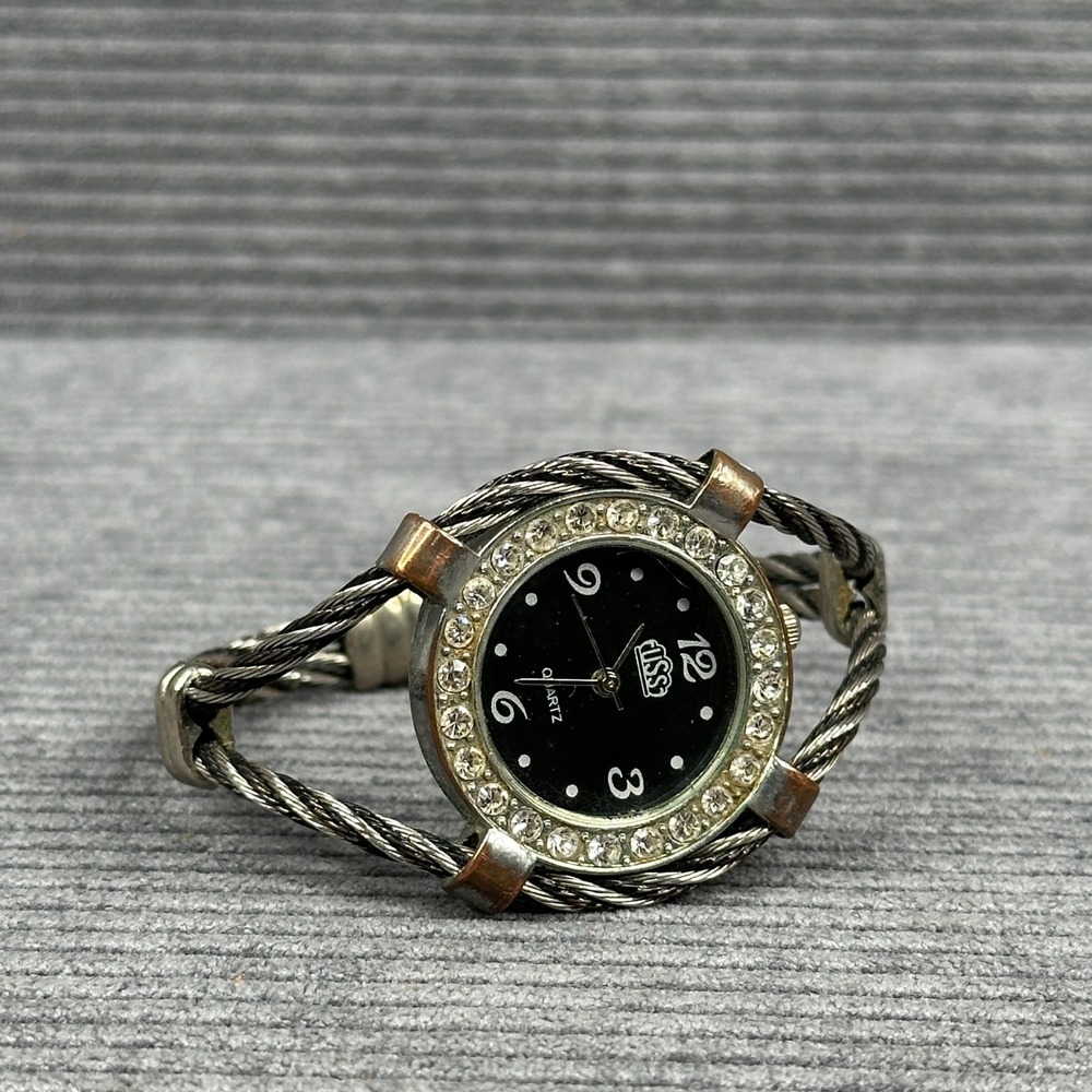 Y2k Cuff Watch Two Tone Twisted Cable Rhinestone Bezel Black Dial vtg